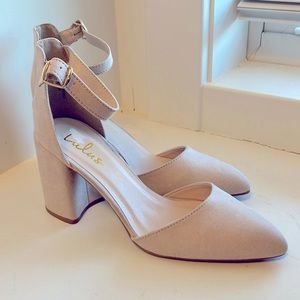 Lulus Ellarose Light Blush Colored Suede Ankle Strap Heels, size 7